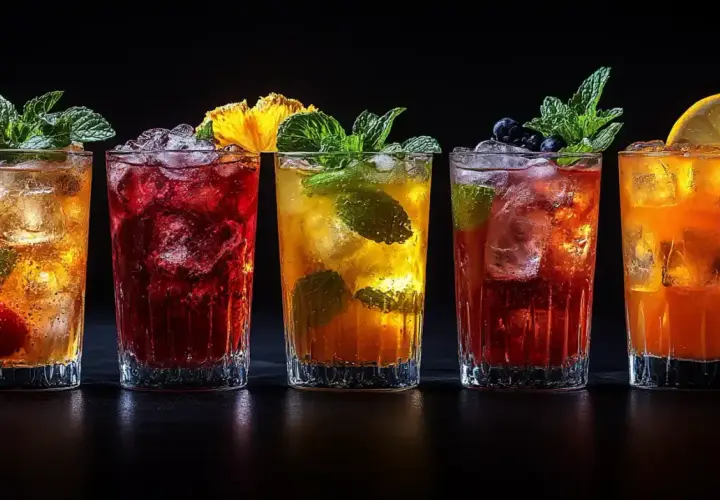 Pięć kolorowych, popularnych drinków z lodem, owocami i miętą na czarnym tle.