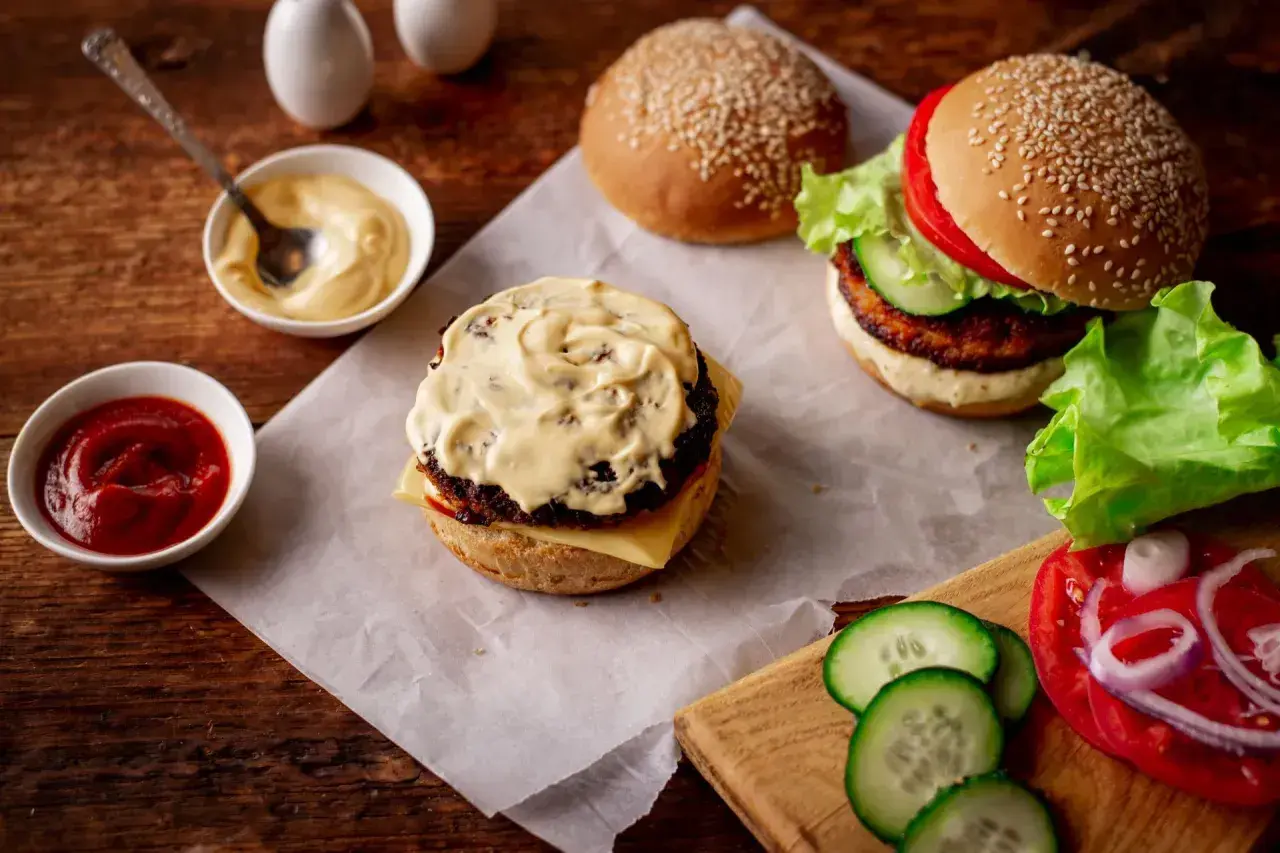 Pyszny burger z bogatym sosem do burgera, ketchupem i świeżymi warzywami.